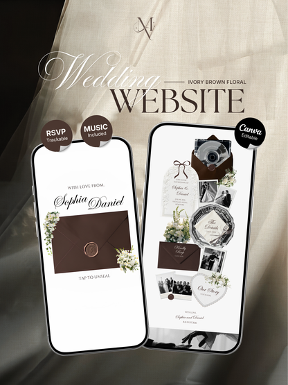 Brown & Ivory Floral Wedding Website Template with RSVP, Music and Countdown Timer: Editable Canva Website (Digital Download)