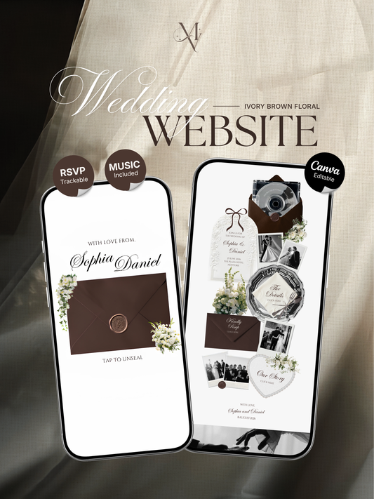 Brown & Ivory Floral Wedding Website Template with RSVP, Music and Countdown Timer: Editable Canva Website (Digital Download)