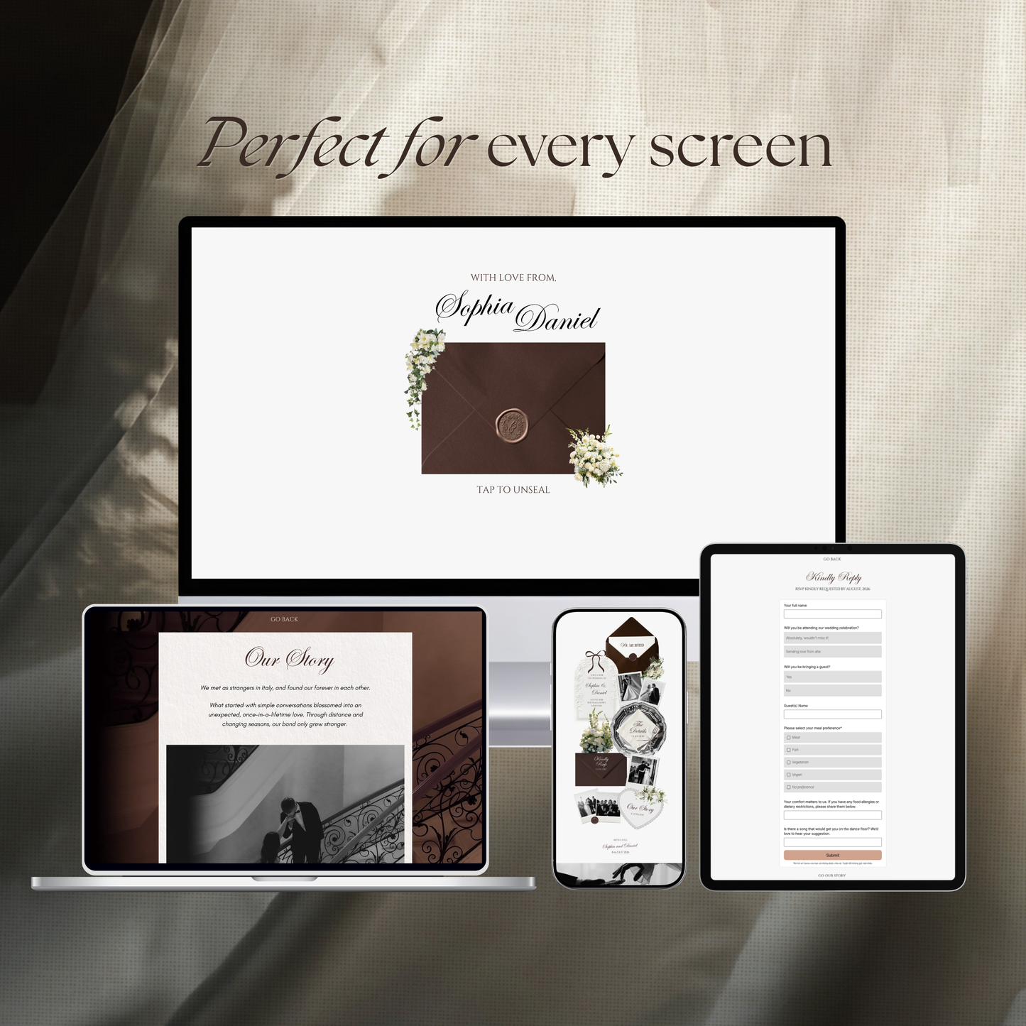 Brown & Ivory Floral Wedding Website Template with RSVP, Music and Countdown Timer: Editable Canva Website (Digital Download)
