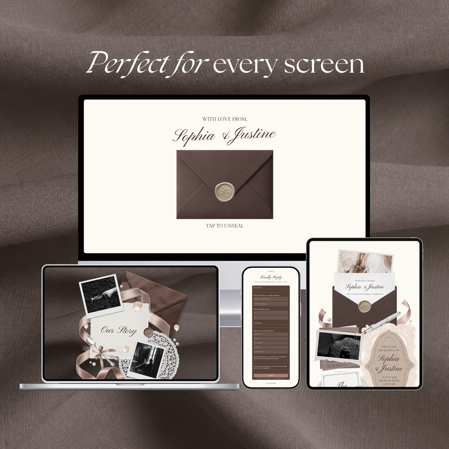 Espresso Brown Ivory Floral Wedding Website Template with RSVP, Music and Countdown Timer: Digital Wedding Template (Digital Download)