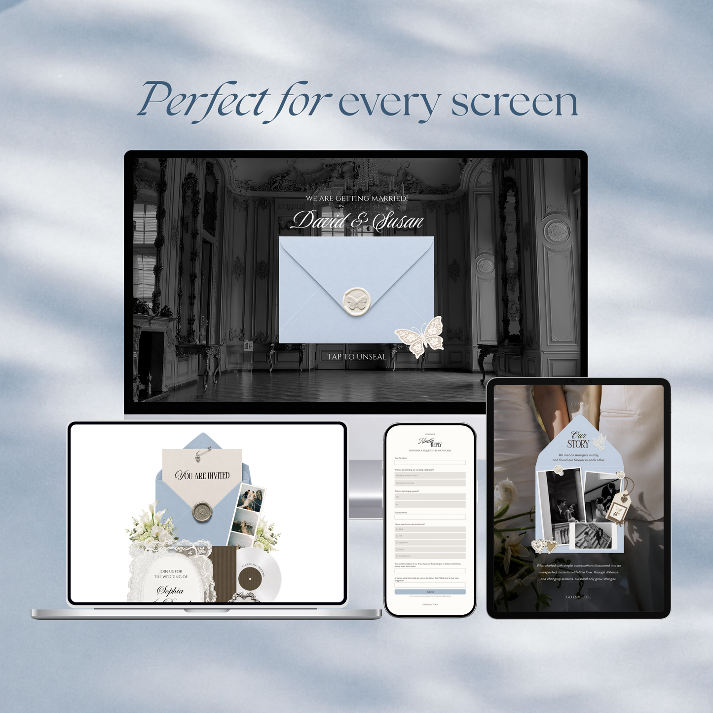 Brown & Dusty Blue Wedding Website Template with RSVP, Music and Countdown Timer: Classic Floral Digital Invitation (Digital Download)
