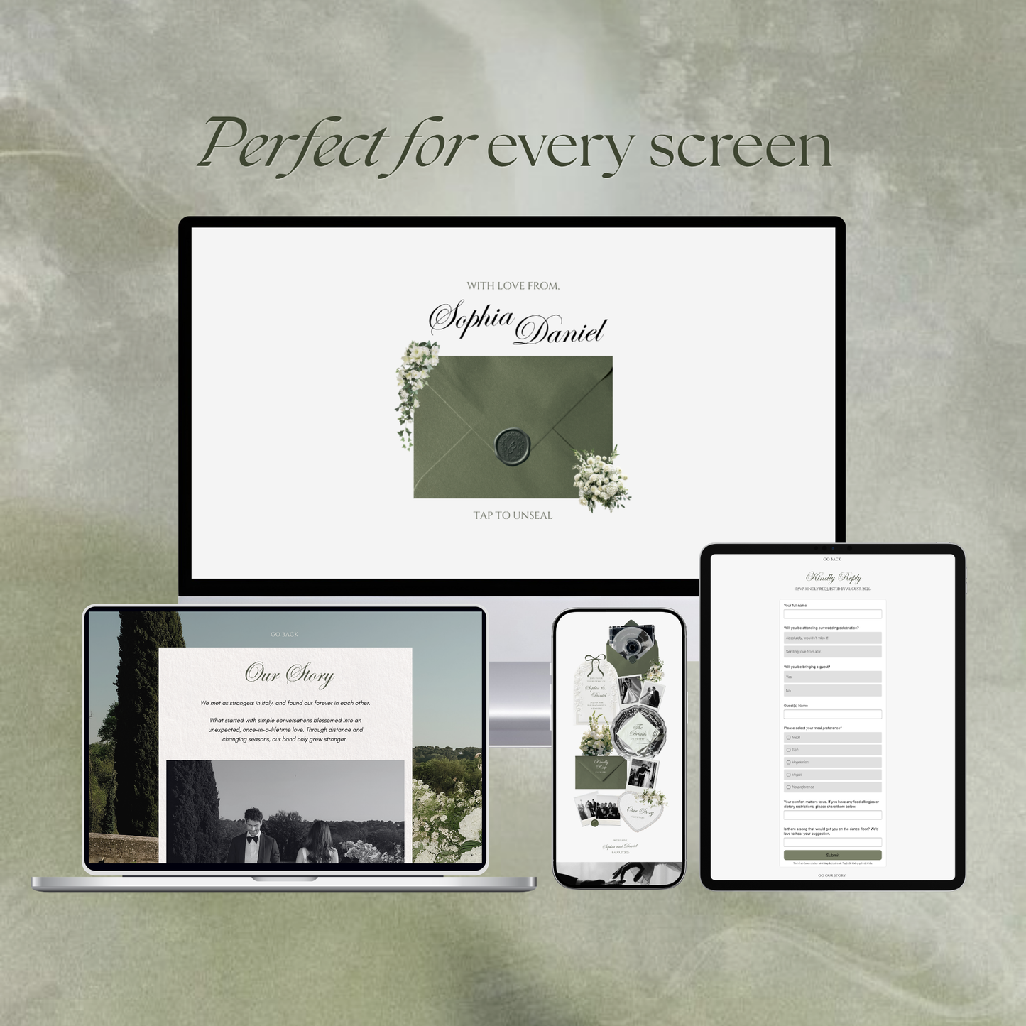 Sage Green Ivory Floral Wedding Website Template with RSVP, Music and Countdown Timer: Editable Canva Website (Digital Download