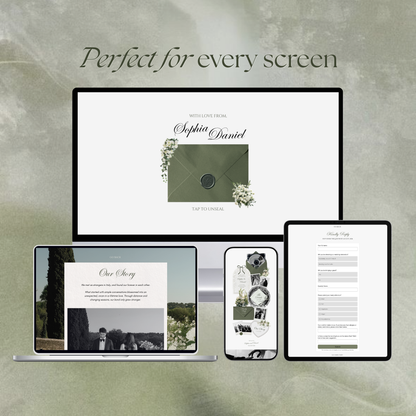 Sage Green Ivory Floral Wedding Website Template with RSVP, Music and Countdown Timer: Editable Canva Website (Digital Download