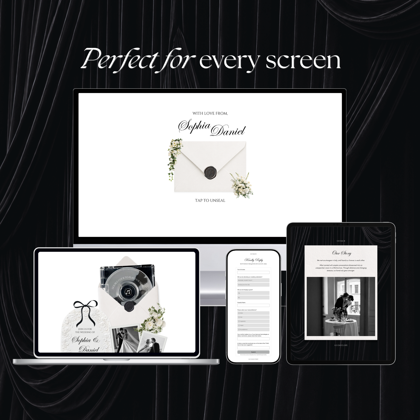 White Black Floral Wedding Website Template with RSVP, Music and Countdown Timer: Digital Wedding Template (Digital Download)