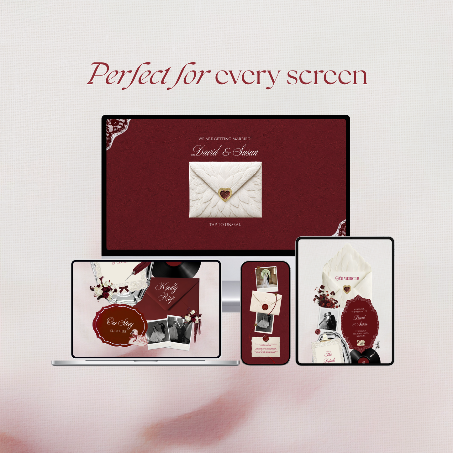 Ivory Burgundy Floral Wedding Website Template with RSVP, Music and Countdown Timer: Editable Canva Website (Digital Download)