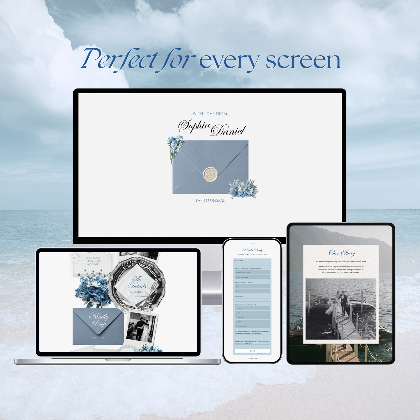 Dusty Blue Floral Wedding Website Template with RSVP, Music and Countdown Timer: Canva Editable Template (Digital Download)