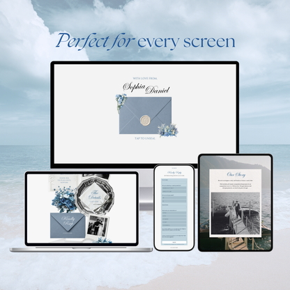 Dusty Blue Floral Wedding Website Template with RSVP, Music and Countdown Timer: Canva Editable Template (Digital Download)