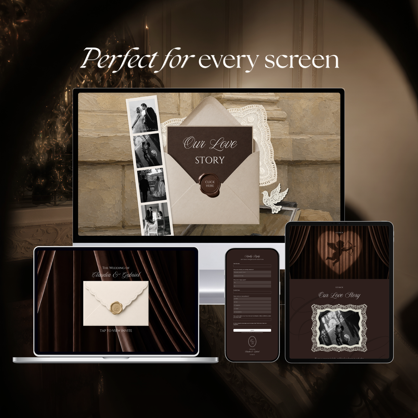 Old Money Wedding Website Template with RSVP, Music and Countdown Timer | Ivory & Brown Digital Wedding Invitation | Instant Download