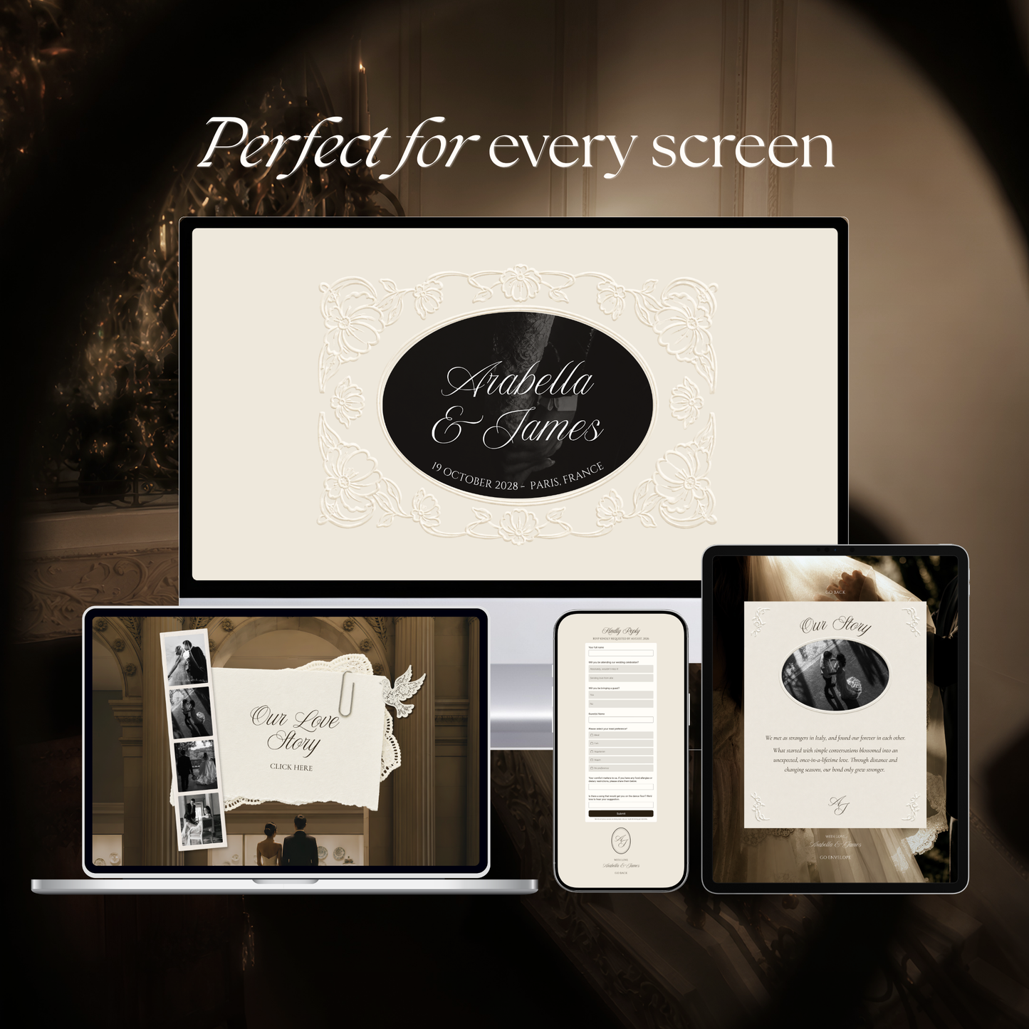 Ivory & Brown Old Money Wedding Website Template with RSVP, Music and Countdown Timer: Editable Canva Design (Digital Download)