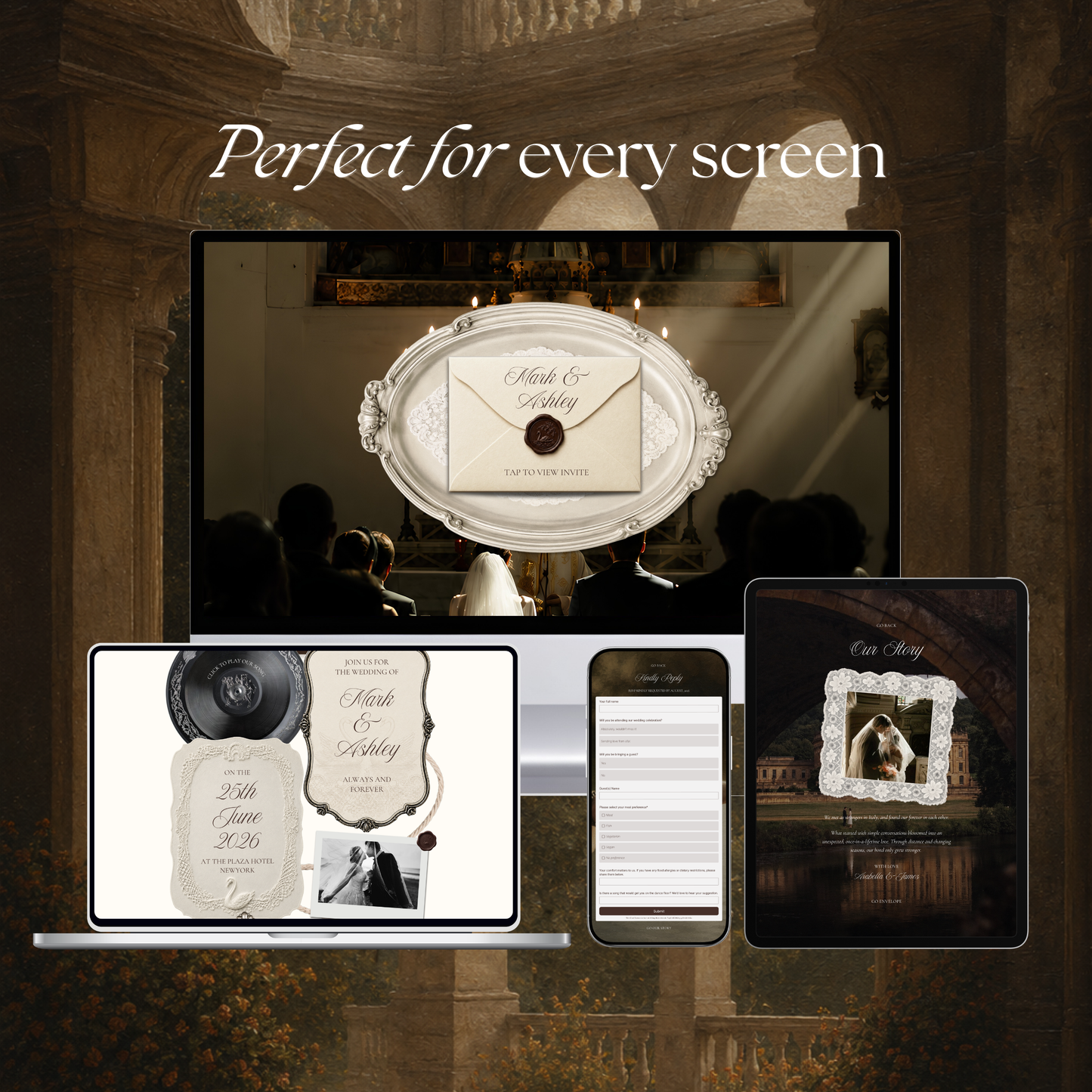 Old Money Wedding Website Template | Brown & Ivory Digital Wedding Invitation with RSVP, Music and Countdown Timer | Instant Download