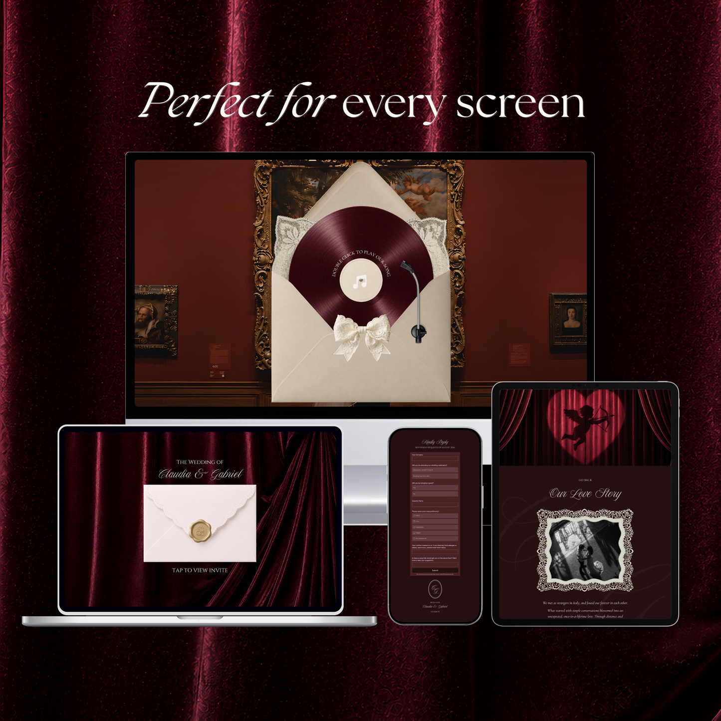 Old Money Wedding Website Template | Burgundy Digital Wedding Invitation with RSVP, Music and Coundown Timer | Instant Download