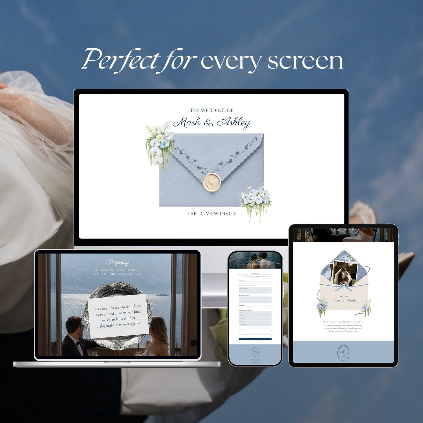 Dusty Blue Floral Wedding Website Template | Digital Wedding Invitation with RSVP, Music and Countdown Timer | Instant Download