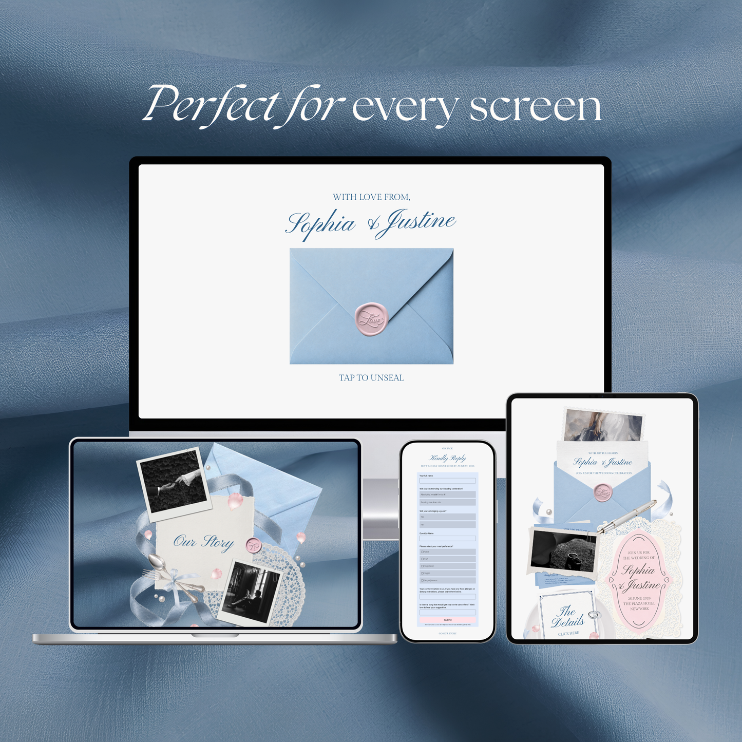 Blush Pink Blue Floral Wedding Website Template with RSVP, Music and Countdown Timer: Editable Canva Website (Digital Download)
