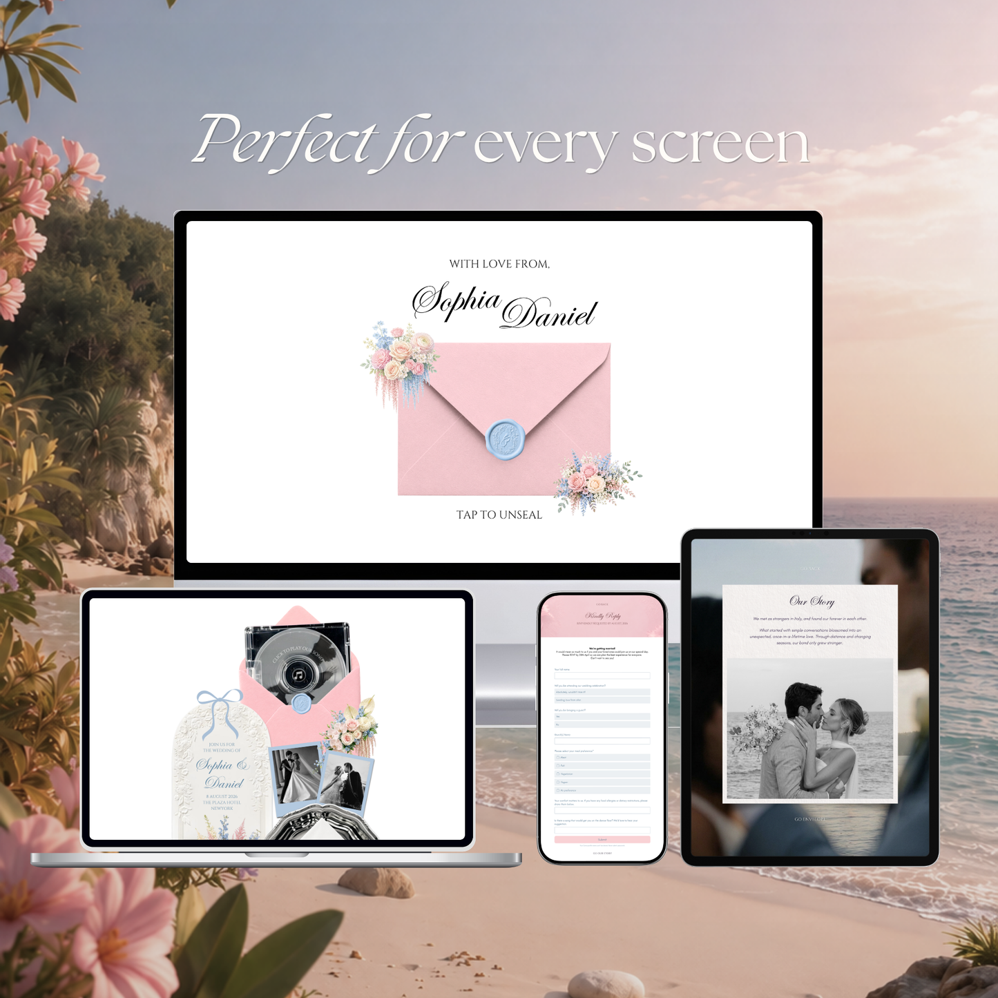 Blush Pink & Blue Wedding Website Template with RSVP, Music and Countdown | Floral Classic Envelope Digital Invitation (Instant Download)
