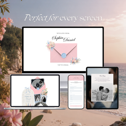 Blush Pink & Blue Wedding Website Template with RSVP, Music and Countdown | Floral Classic Envelope Digital Invitation (Instant Download)