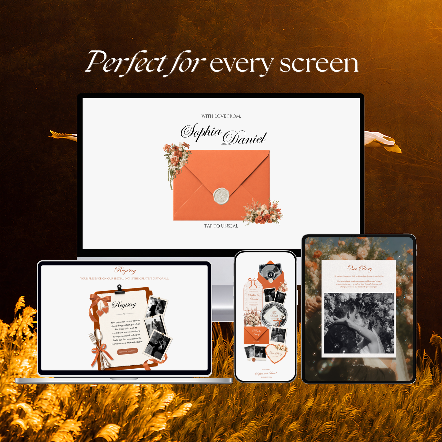 Burnt Orange Digital Wedding Invitation with RSVP, Music and Countdown Timer: Editable Canva Website (Digital Download)