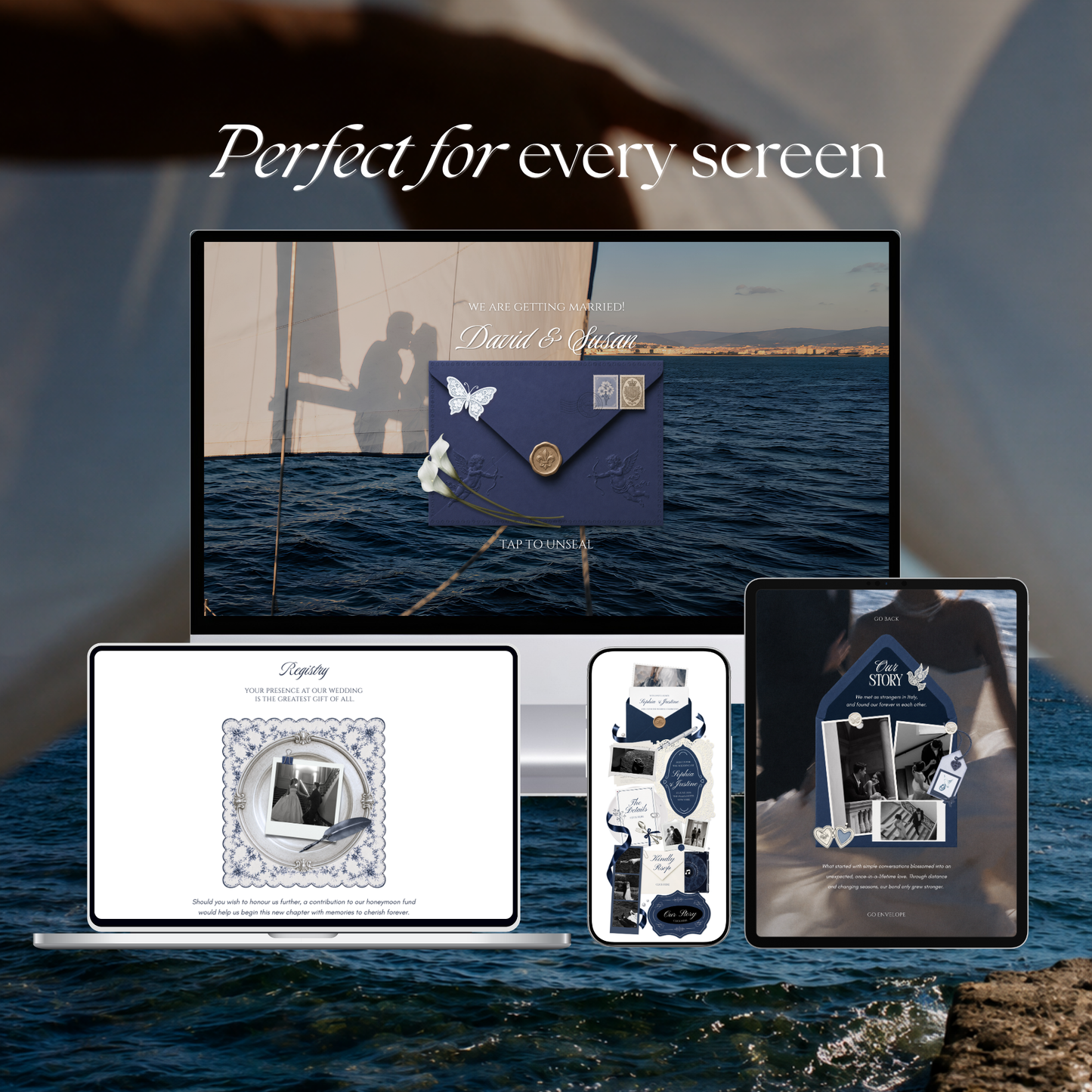 Navy & Dusty Blue Wedding Website Template with RSVP, Music and Countdown Timer: Canva Editable Template (Instant Download)