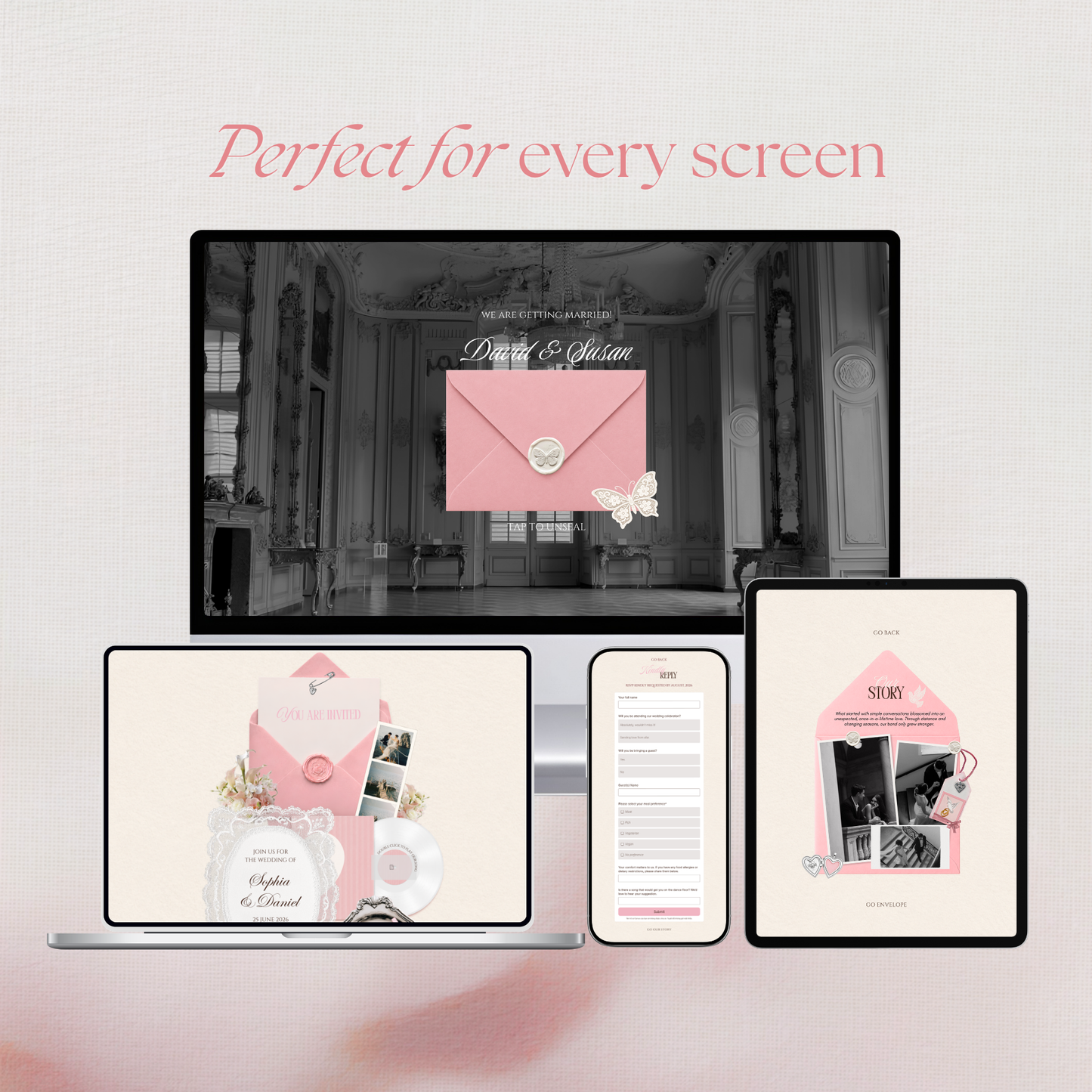 Pink & Ivory Floral Wedding Website Template with RSVP, Music and Countdown Timer: Wedding Invitations (Digital Download)