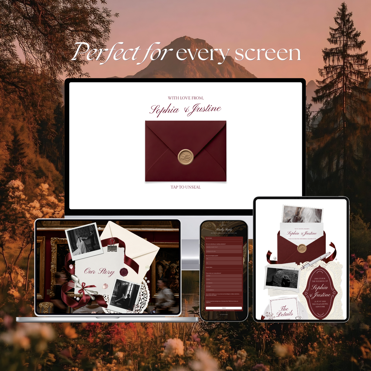 Burgundy & Ivory Wedding Website Template | Digital Wedding Invitation with RSVP, Music and Countdown Timer | Instant Download