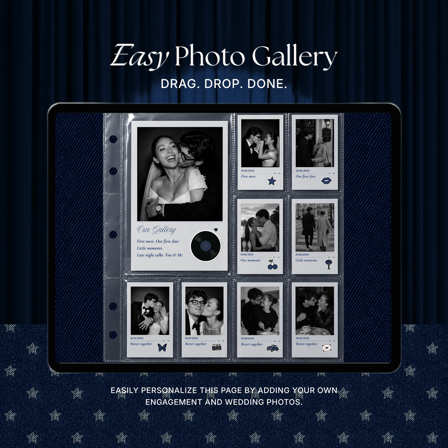 Navy Blue Photo Booth Wedding Website Template | Modern Wedding Invitation with RSVP, Music and Countdown Timer | Instant Download