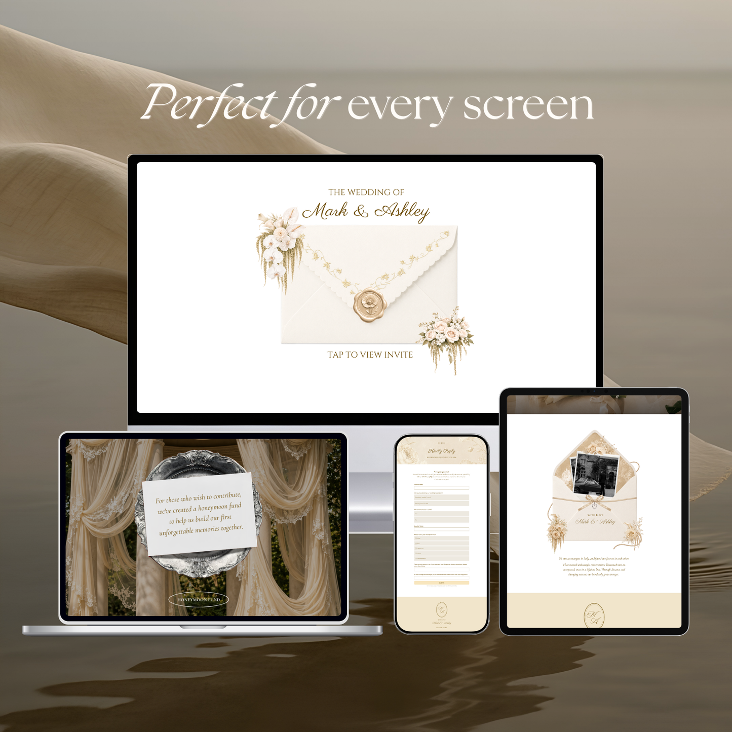 Floral Vintage Wedding Website Template | Champagne Beige Digital Wedding Invitation with RSVP, Music and Countdown Timer | Instant Download
