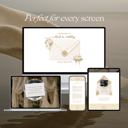 Floral Vintage Wedding Website Template | Champagne Beige Digital Wedding Invitation with RSVP, Music and Countdown Timer | Instant Download