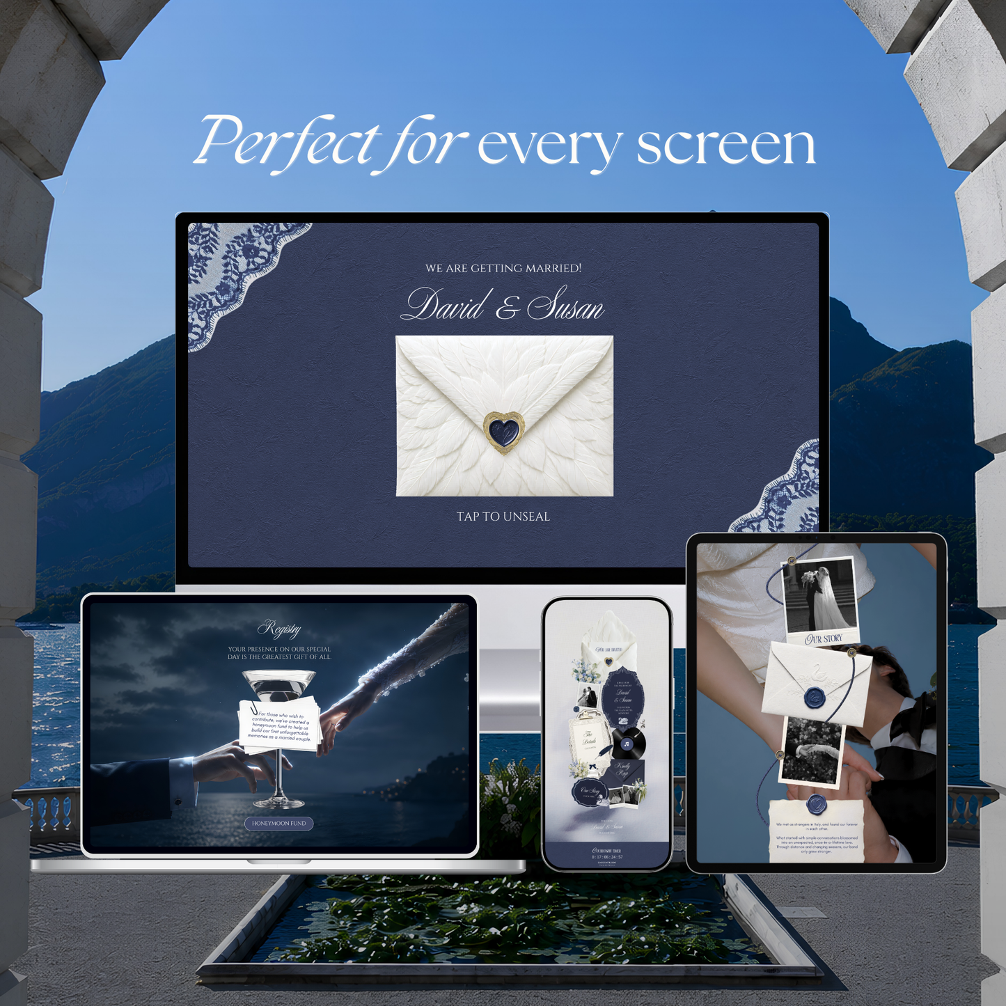 Navy & Dusty Blue Wedding Website Template with RSVP, Music and Countdown : Floral Classic Envelope Digital Invitation (Digital Download)