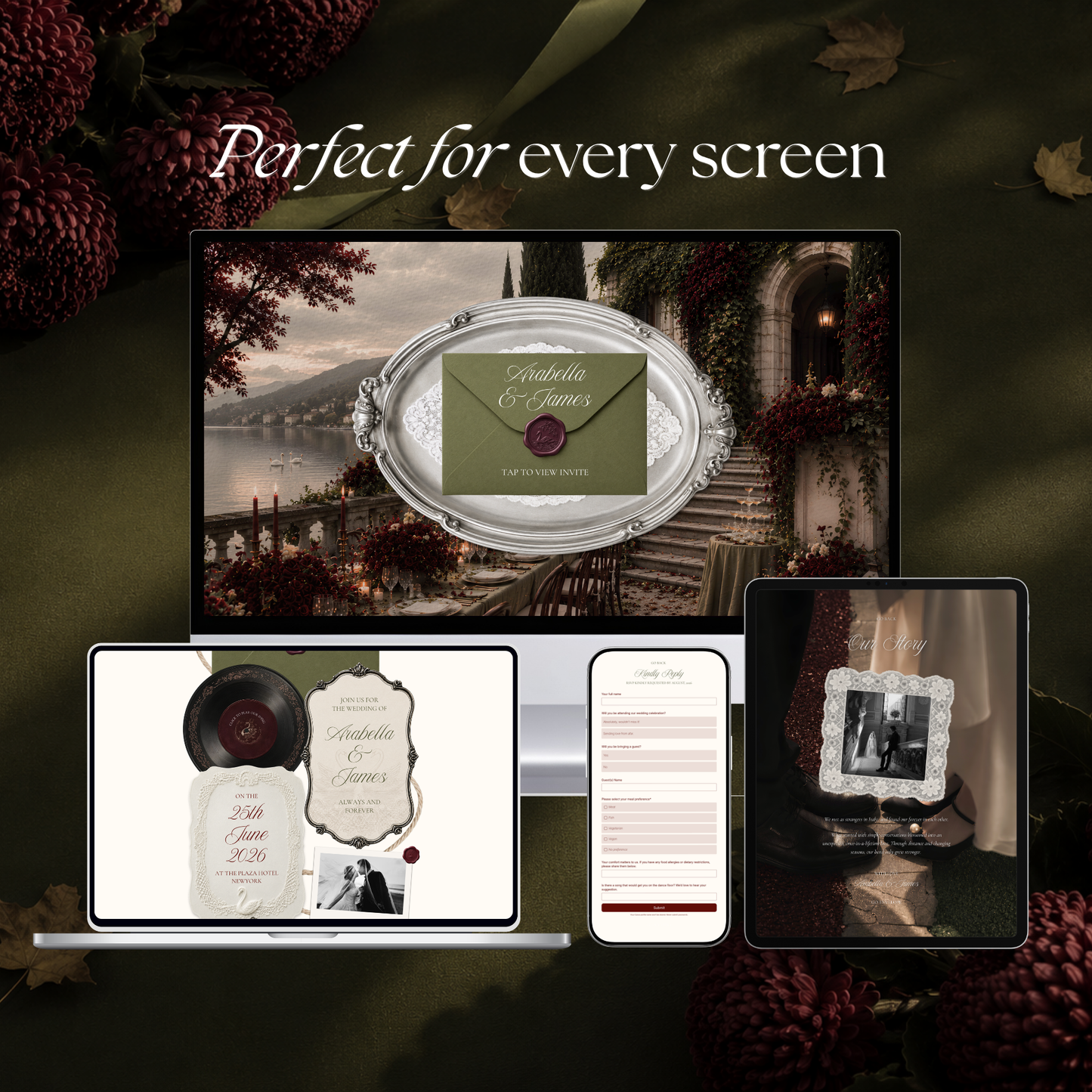 Olive Green & Burgundy Floral Wedding Website Template | Digital Editable Website with RSVP, Music and Countdown Timer | Instant Download