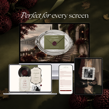 Olive Green & Burgundy Floral Wedding Website Template | Digital Editable Website with RSVP, Music and Countdown Timer | Instant Download