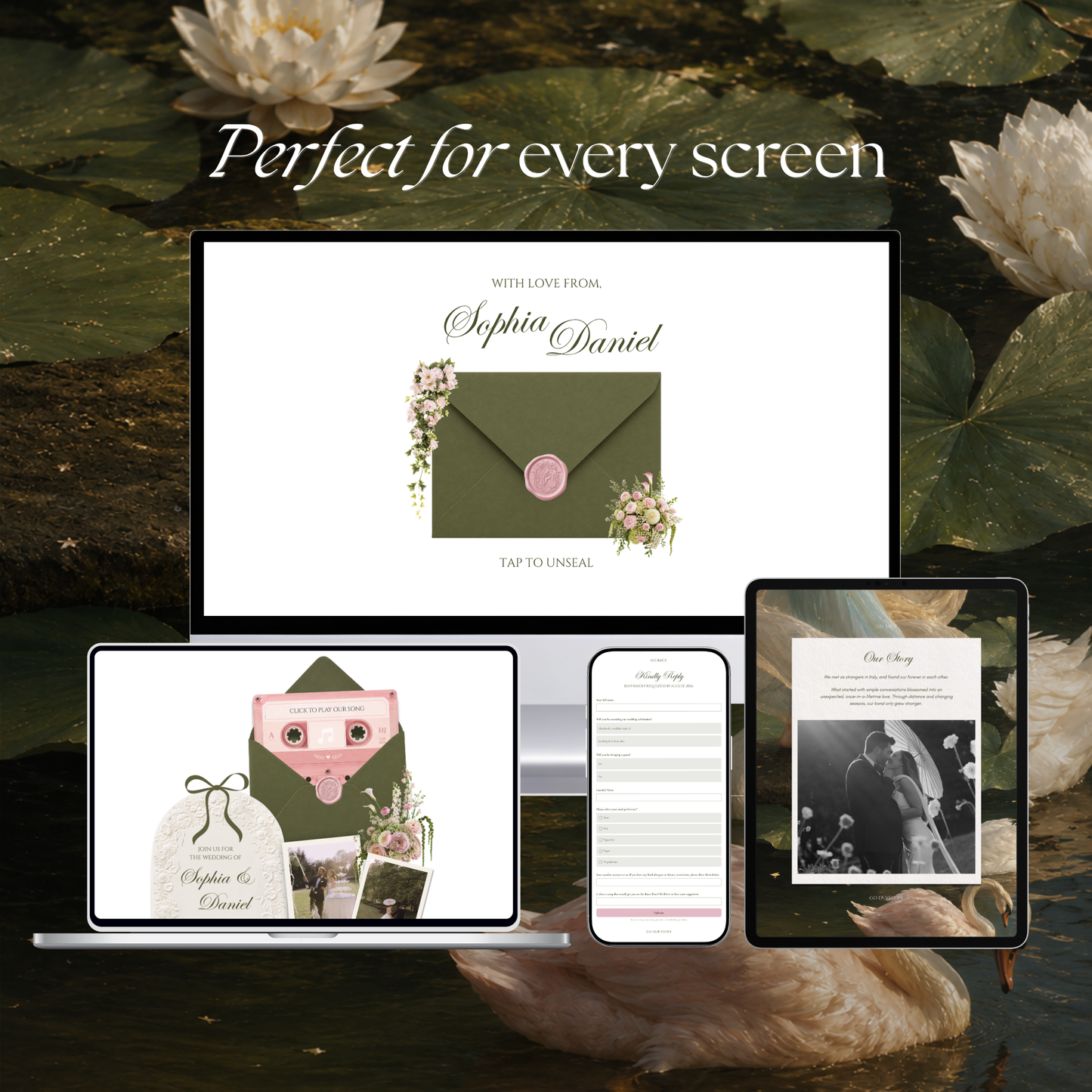Olive Green & Pink Floral Wedding Website Template with RSVP, Music and Countdown Timer: Wedding Template (Digital Download)