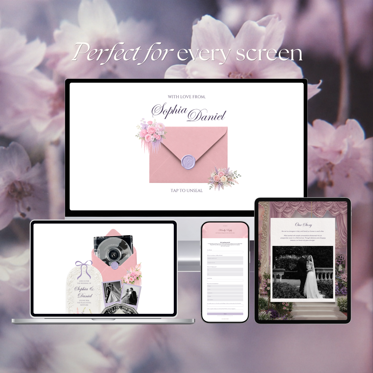 Pink Lilac Pastel Floral Wedding Website Template Canva | Digital Invitation with RSVP , Music and Countdown Timer | Instant Download