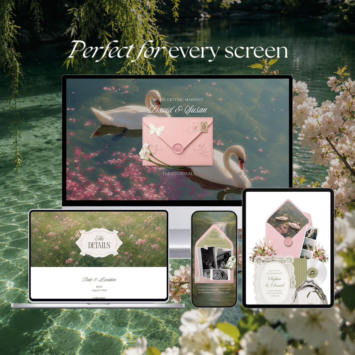 Pink & Green Floral Wedding Website Template with RSVP, Music and Countdown Timer | Wedding Invites (Digital Download)