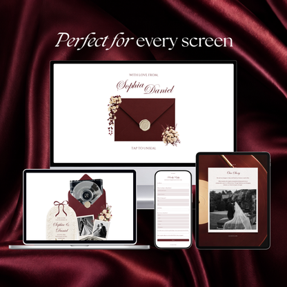 Burgundy & Ivory Wedding Website Template | Vintage Digital Invitation with RSVP, Music and Countdown Timer (Digital Download)