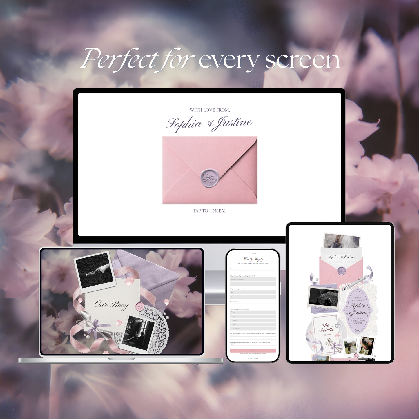 Pink Lilac Pastel Wedding Website Template with RSVP, Music and Countdown Timer | Editable Canva Website (Digital Download)