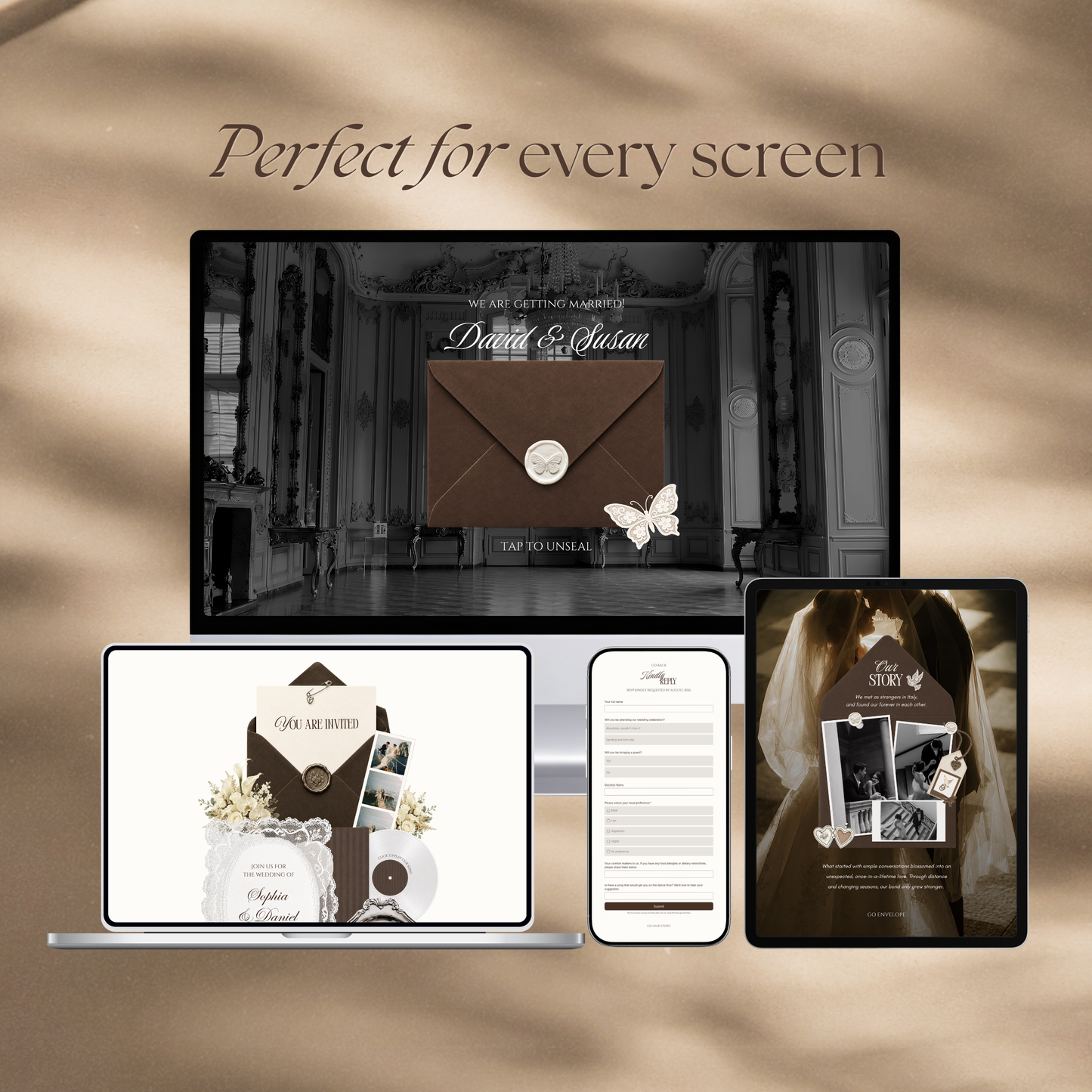 Brown & Ivory Wedding Website Template with RSVP, Music and Countdown Timer: Classic Floral Envelope Digital Invitation (Digital Download)