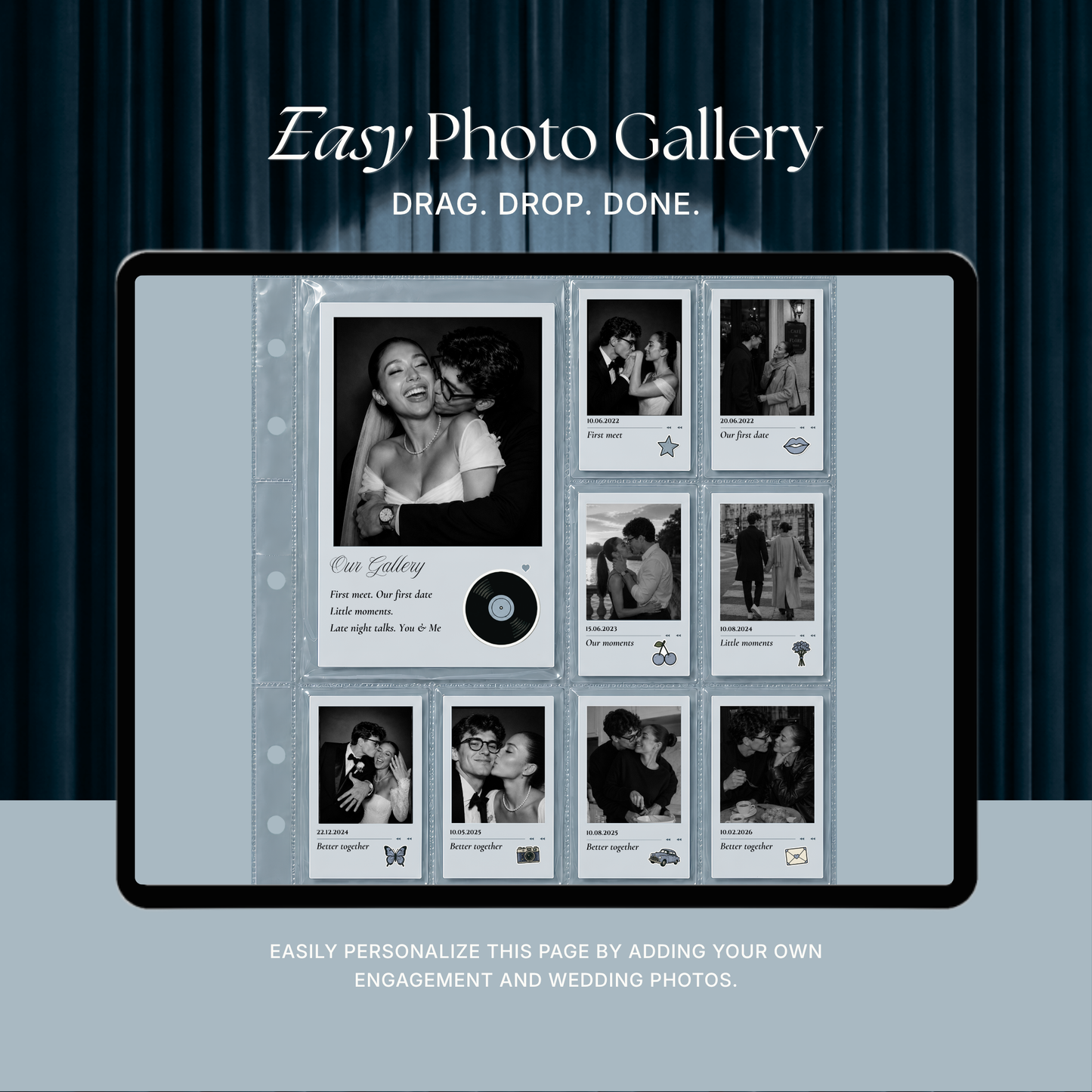 Dusty Blue Photo Booth Wedding Website Template | Modern Wedding Invitation with RSVP, Music and Countdown Timer | Instant Download