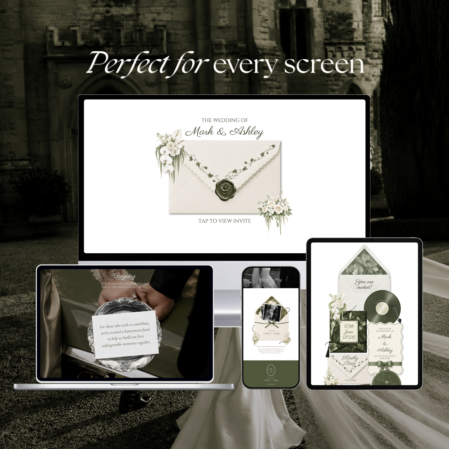 Sage & Ivory Wedding Website Template with RSVP, Music and Countdown Timer | Classic Floral Envelope Digital Invitation (Digital Download)