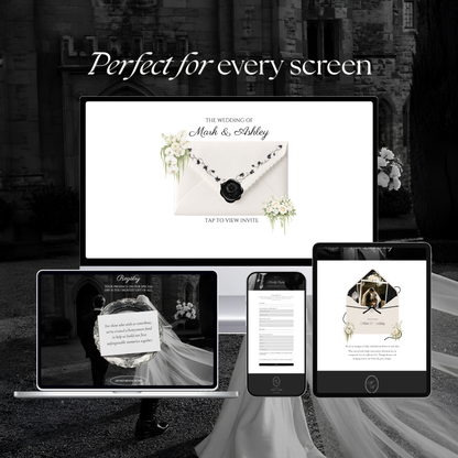 White & Black Floral Wedding Website Template | Editable Invitation with RSVP, Music and Countdown Timer (Digital Download)