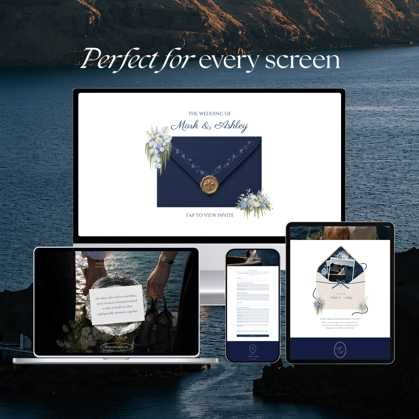 Navy & Dusty Blue Wedding Website Template with RSVP, Music and Countdown Timer | Digital Wedding Template (Digital Download)