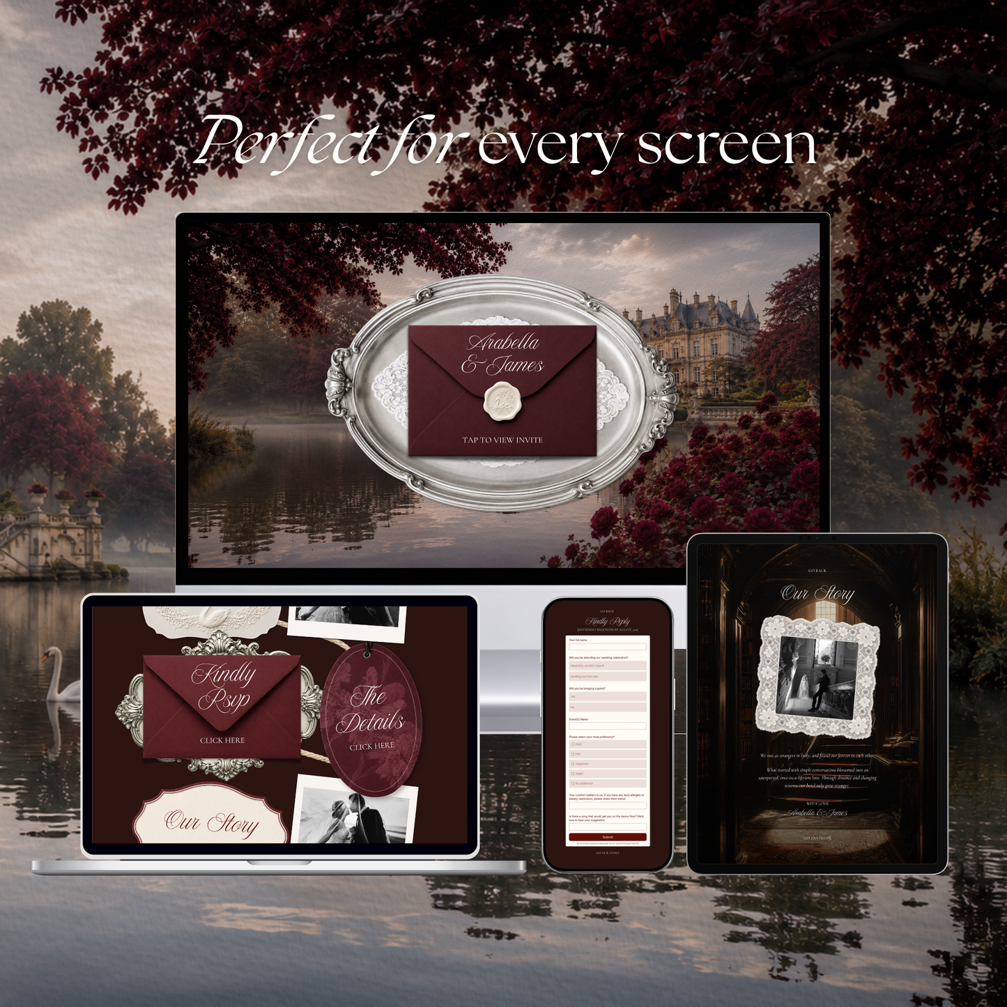 Old Money Burgundy Wedding Website Template with RSVP, Music and Countdown Timer: Digital Invitation (Digital Download)