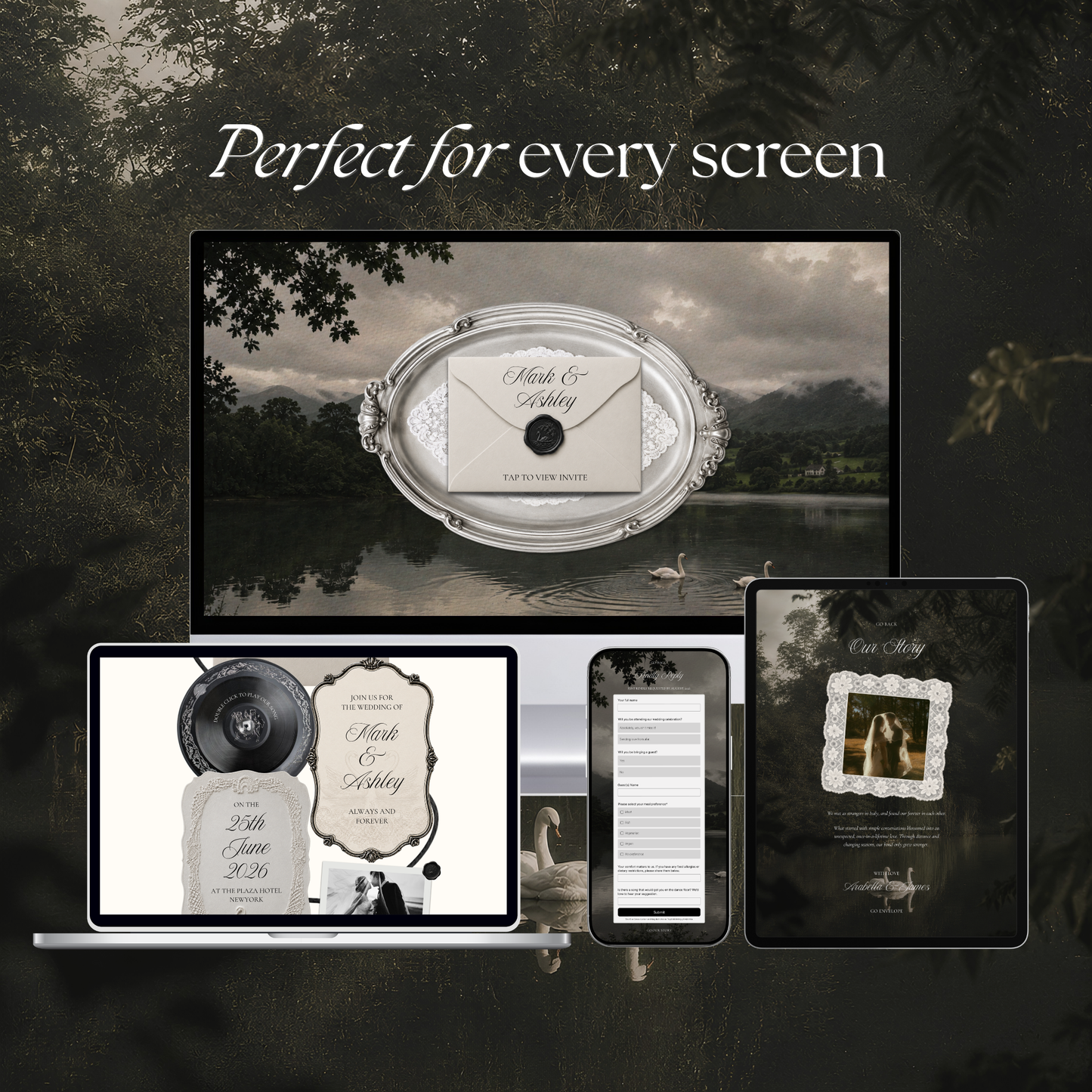 Old Money Wedding Website Template with RSVP, Music and Countdown Timer: Classic Lace Digital Invitation