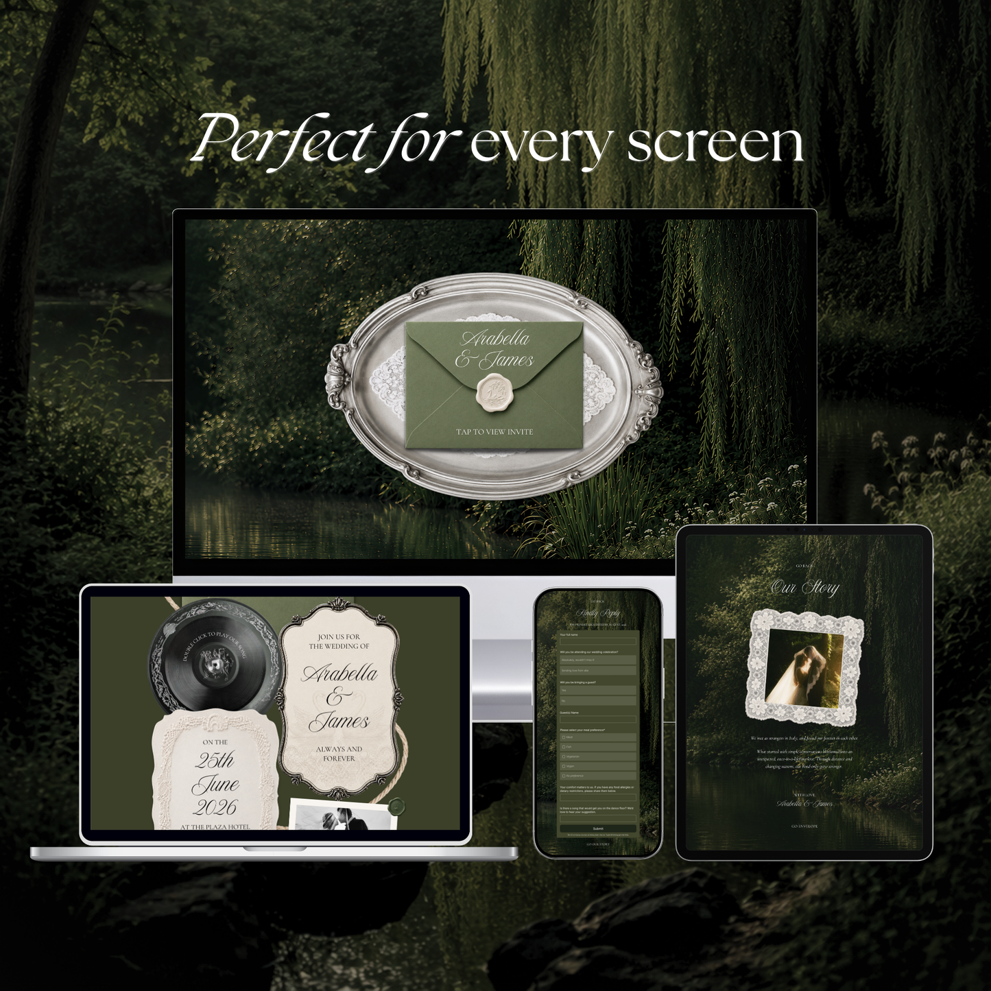 Olive Old Money Wedding Website Template with RSVP, Music and Countdown Timer: Editable Canva Website (Digital Download)