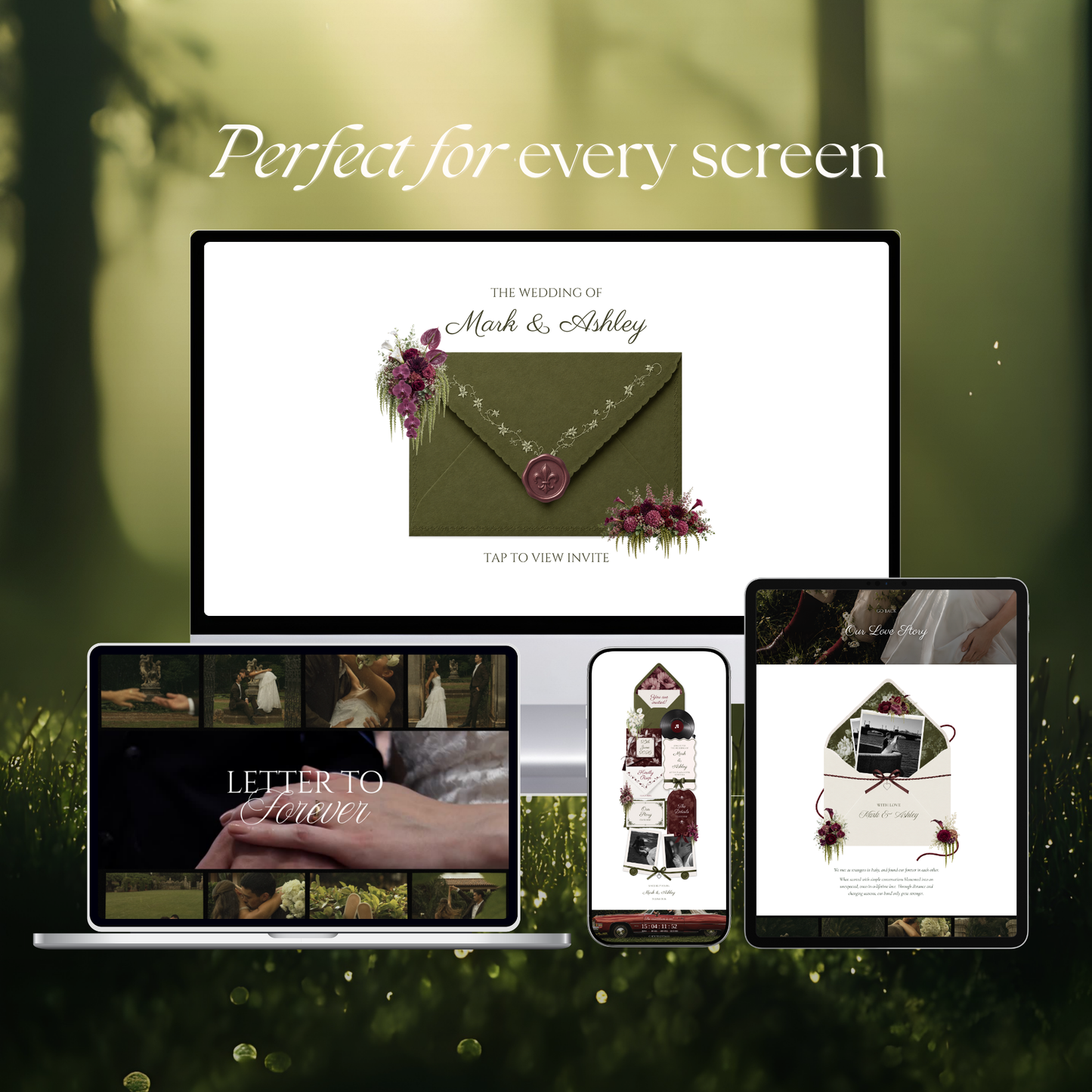 Olive Green & Burgundy Floral Wedding Website Template | Wedding Invitation with RSVP, Music and Countdown Timer | Instant Download