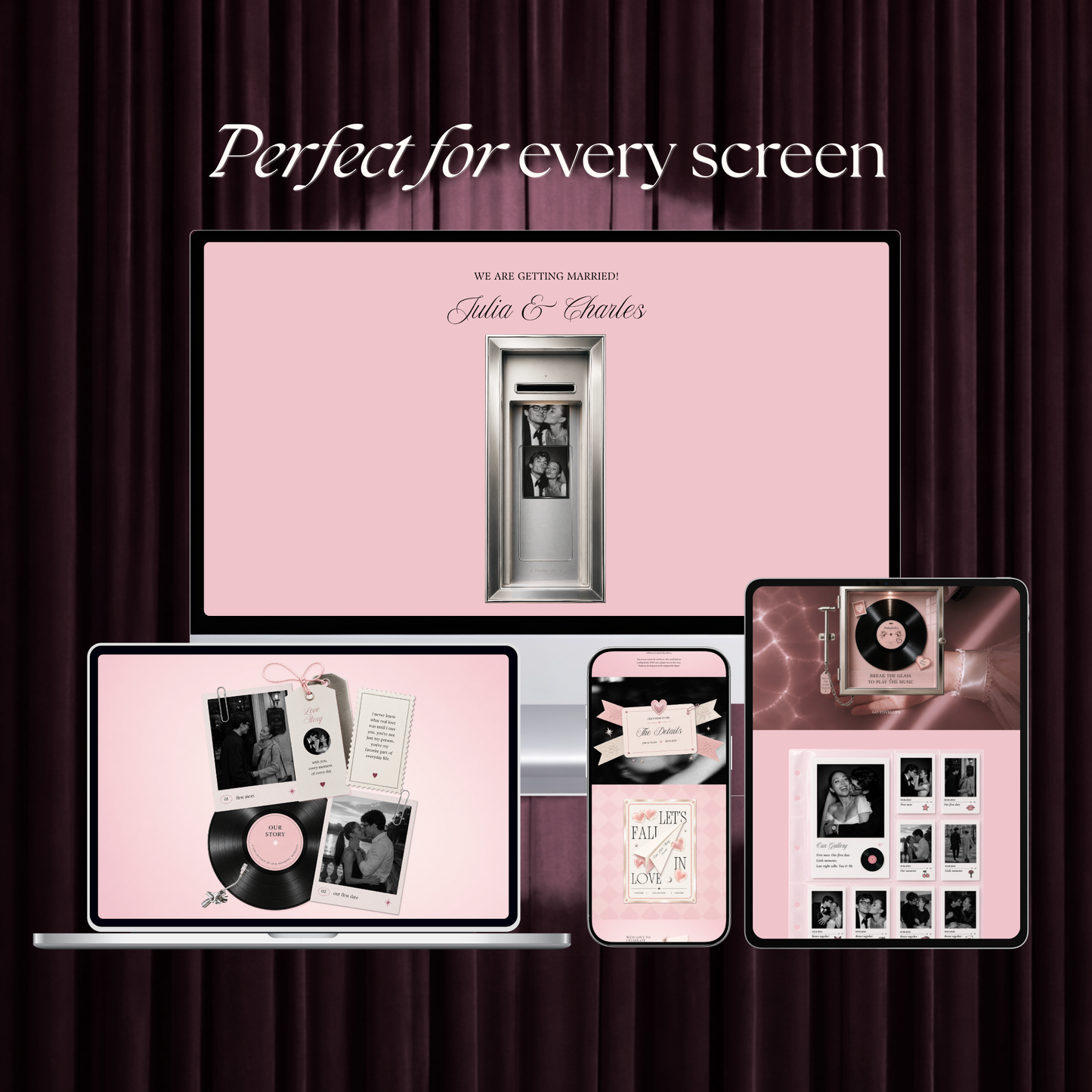 Blush Pink Photo Booth Wedding Website Template | Modern Wedding Invitation with RSVP, Music and Countdown Timer | Instant Download
