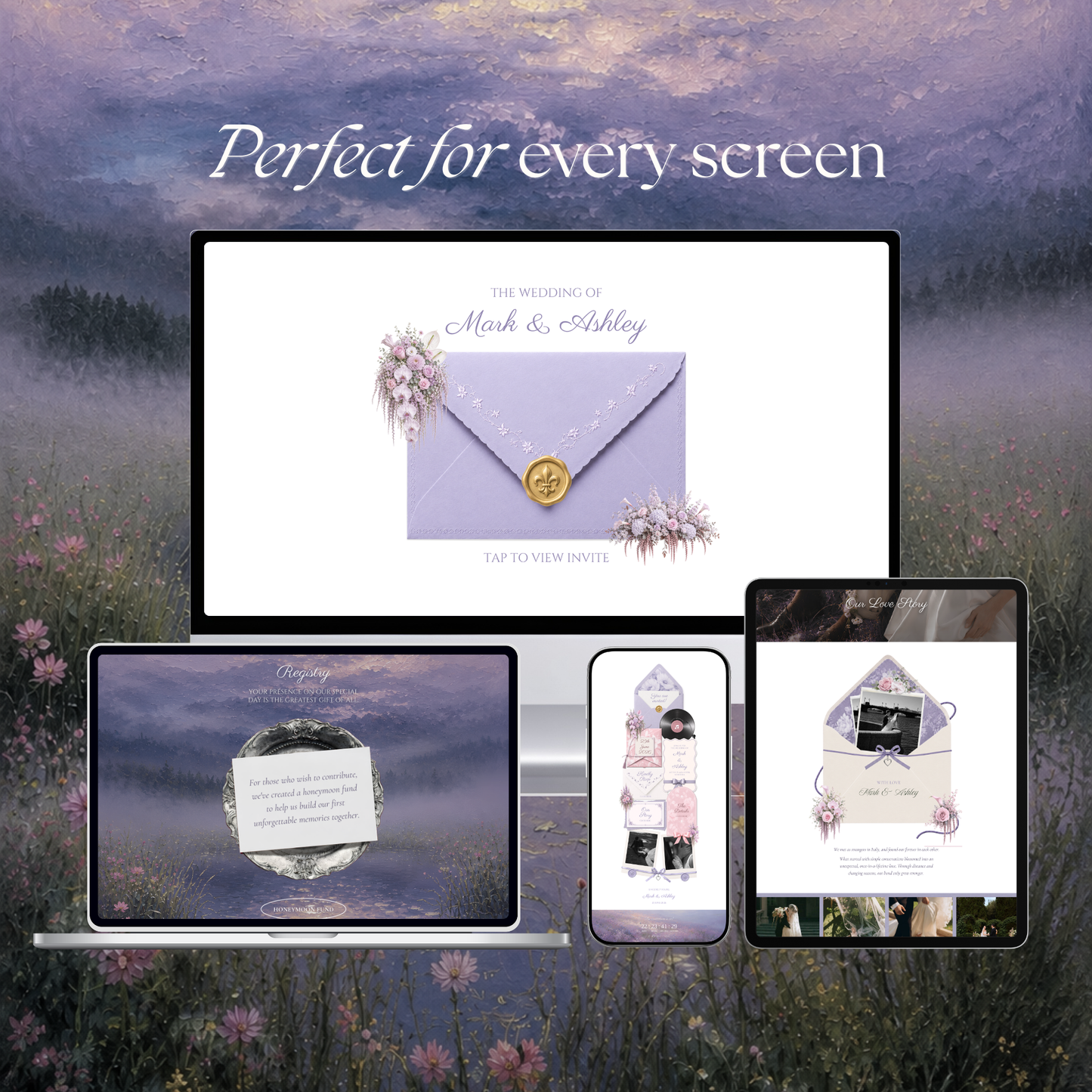 Pink Lilac Pastel Floral Wedding Website Template Canva | Wedding Invitation with RSVP, Music and Countdown Timer | Instant Download