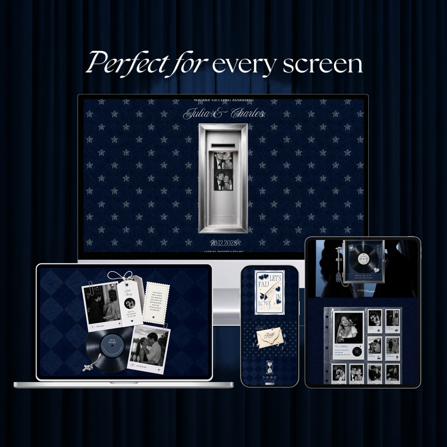 Navy Blue Photo Booth Wedding Website Template | Modern Wedding Invitation with RSVP, Music and Countdown Timer | Instant Download