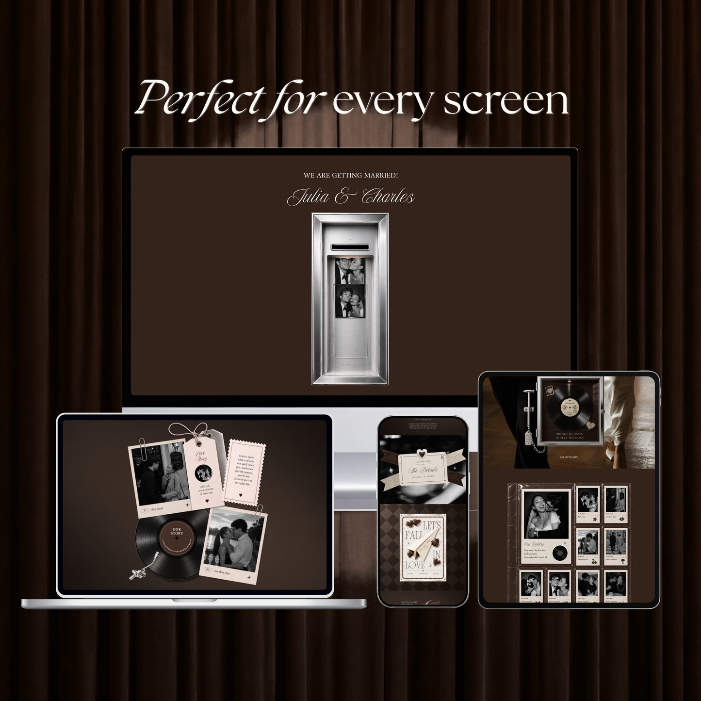 Brown Photo Booth Wedding Website Template | Modern Wedding Invitation with RSVP, Music and Countdown Timer | Instant Download