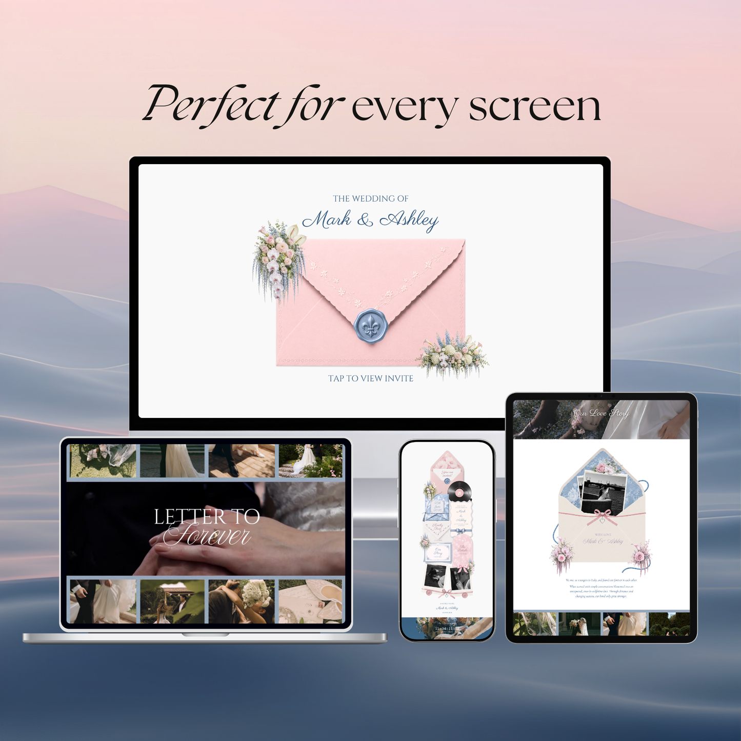 Blush Pink & Blue Floral Wedding Website Template with RSVP, Music and Countdown Timer: Digital Wedding Template (Digital Download)