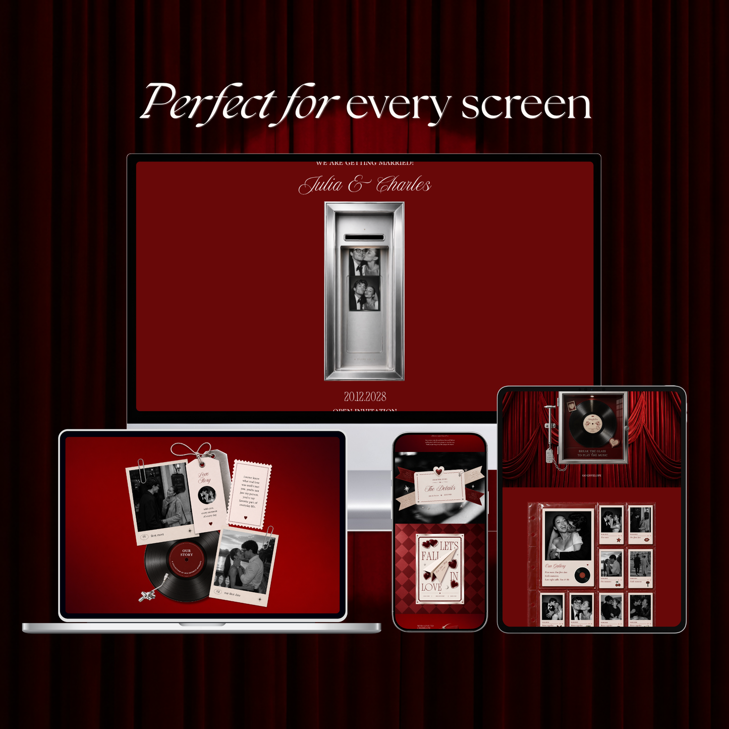 Burgundy Photo Booth Wedding Website Template | Modern Wedding Invitation with RSVP, Music and Countdown Timer | Instant Download