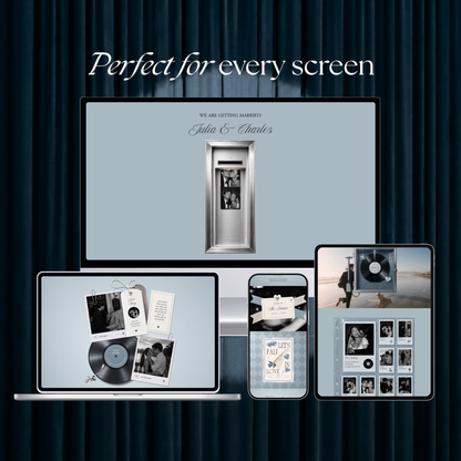 Dusty Blue Photo Booth Wedding Website Template | Modern Wedding Invitation with RSVP, Music and Countdown Timer | Instant Download